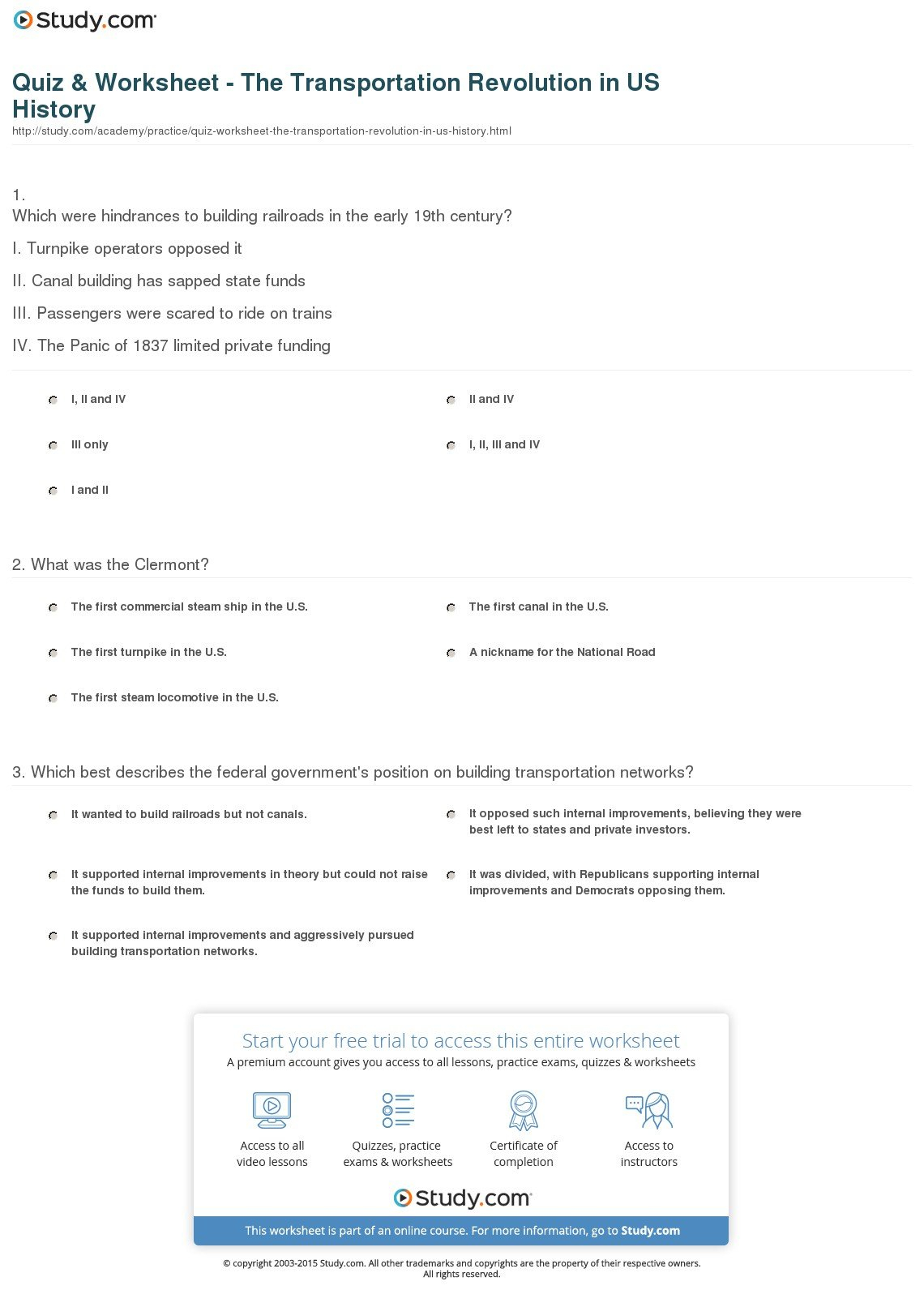 Quiz  Worksheet  The Transportation Revolution In Us History Throughout Erie Canal Worksheet Pdf