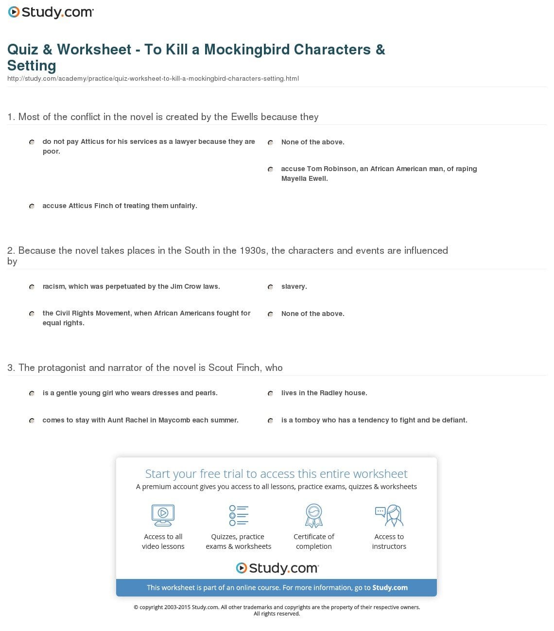 Quiz  Worksheet  To Kill A Mockingbird Characters  Setting Along With To Kill A Mockingbird Worksheets