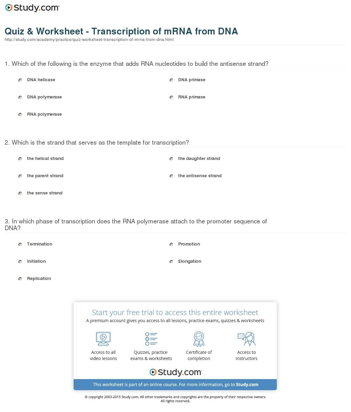 Quiz  Worksheet  Transcription Of Mrna From Dna  Study As Well As Dna Practice Worksheet