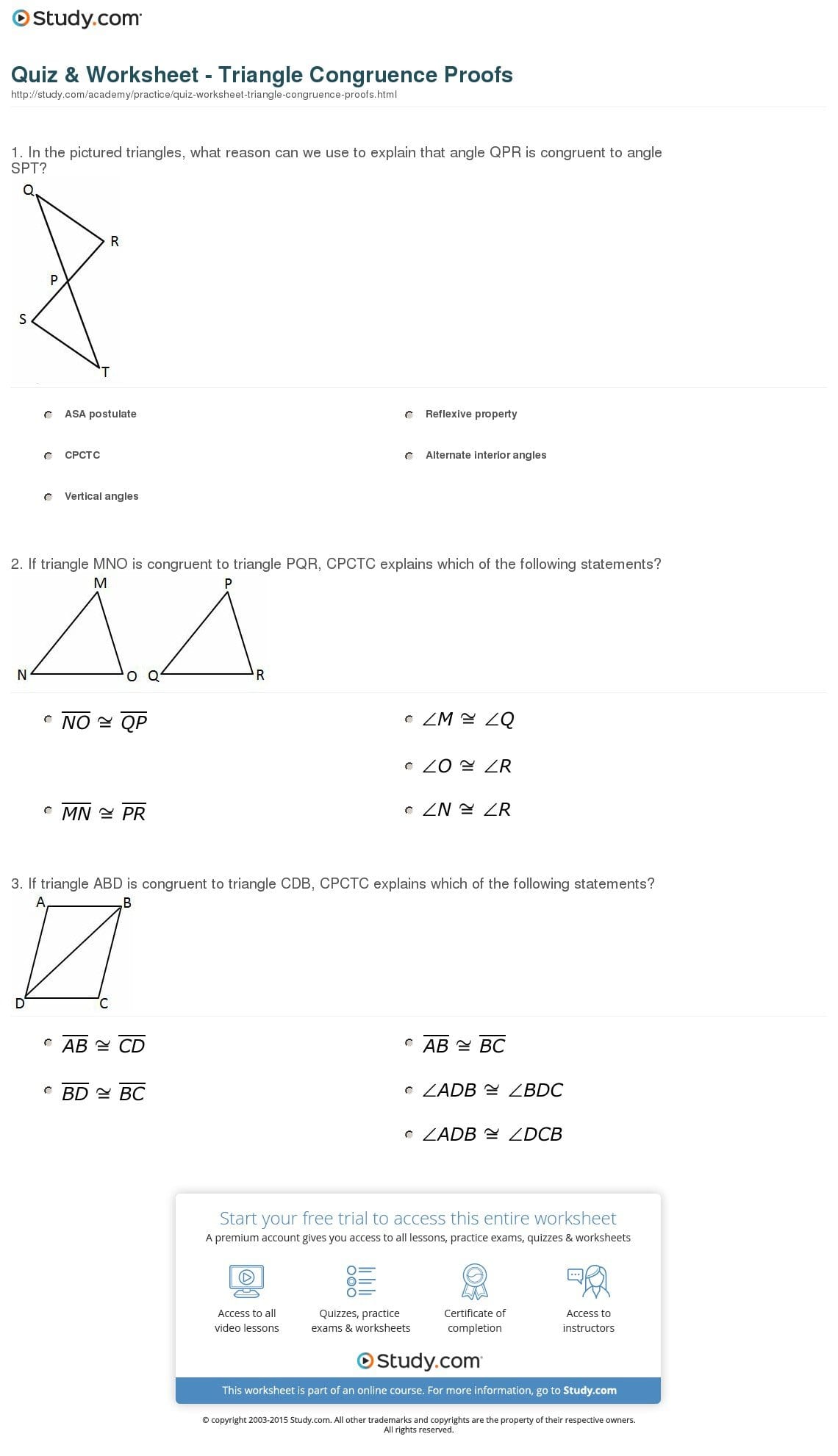 Quiz  Worksheet  Triangle Congruence Proofs  Study And Cpctc Proofs Worksheet With Answers