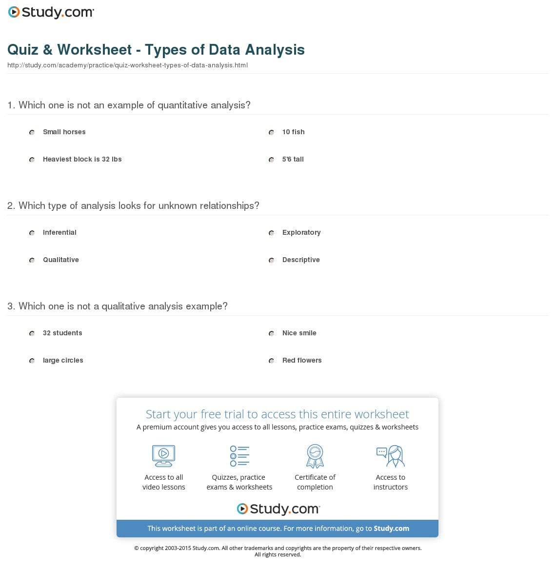 Quiz  Worksheet  Types Of Data Analysis  Study Intended For Data Analysis Worksheet Answer Key