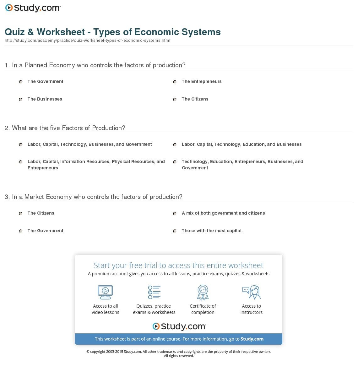 Quiz  Worksheet  Types Of Economic Systems  Study Inside 6Th Grade Economics Worksheets