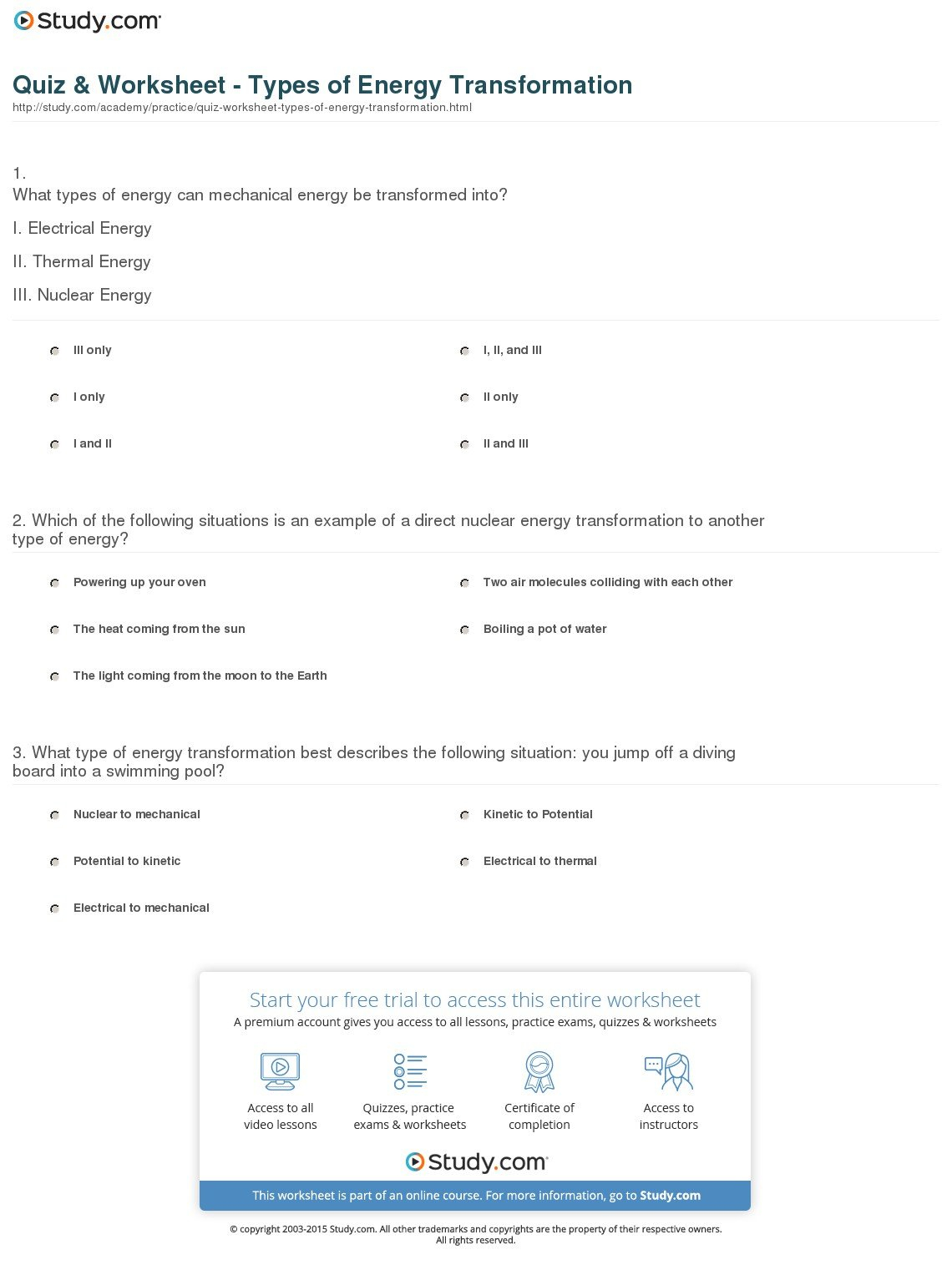Quiz  Worksheet  Types Of Energy Transformation  Study For Energy Transformation Worksheet