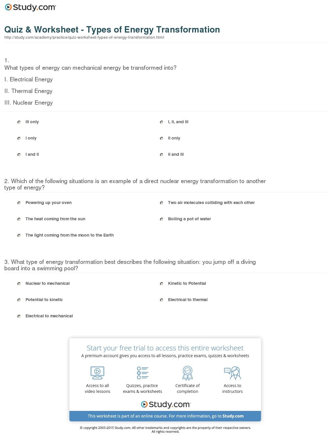 Quiz  Worksheet  Types Of Energy Transformation  Study With Regard To Energy Transformation Worksheet Answers