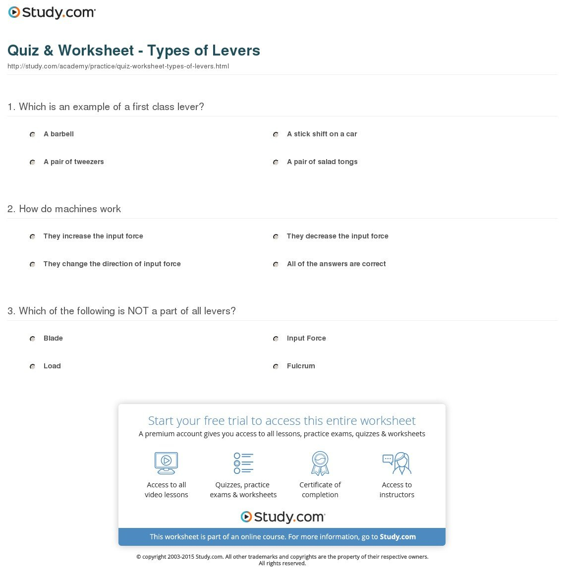 Quiz  Worksheet  Types Of Levers  Study Intended For Types Of Levers Worksheet Answers
