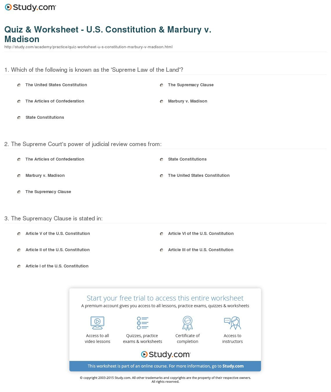 Quiz  Worksheet  Us Constitution  Marbury V Madison  Study With Marbury V Madison Worksheet