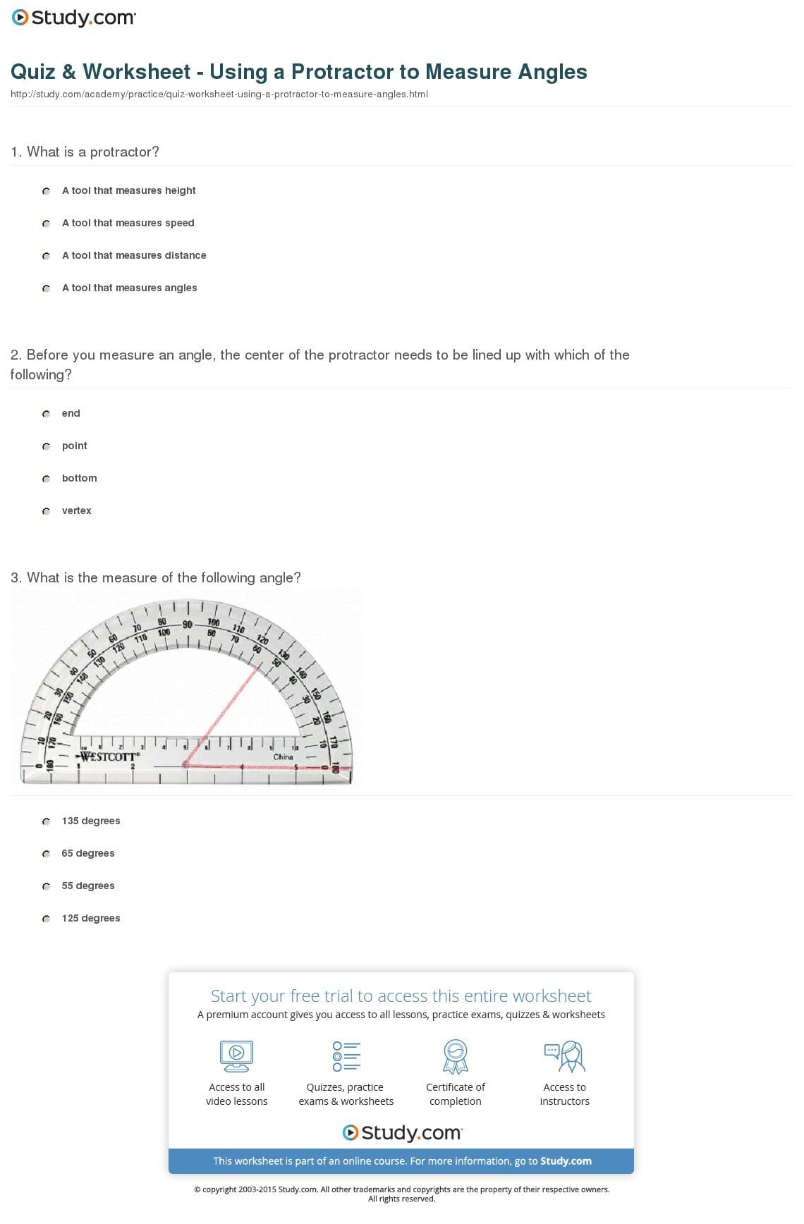Quiz  Worksheet  Using A Protractor To Measure Angles  Study With Regard To Measure Up Worksheet