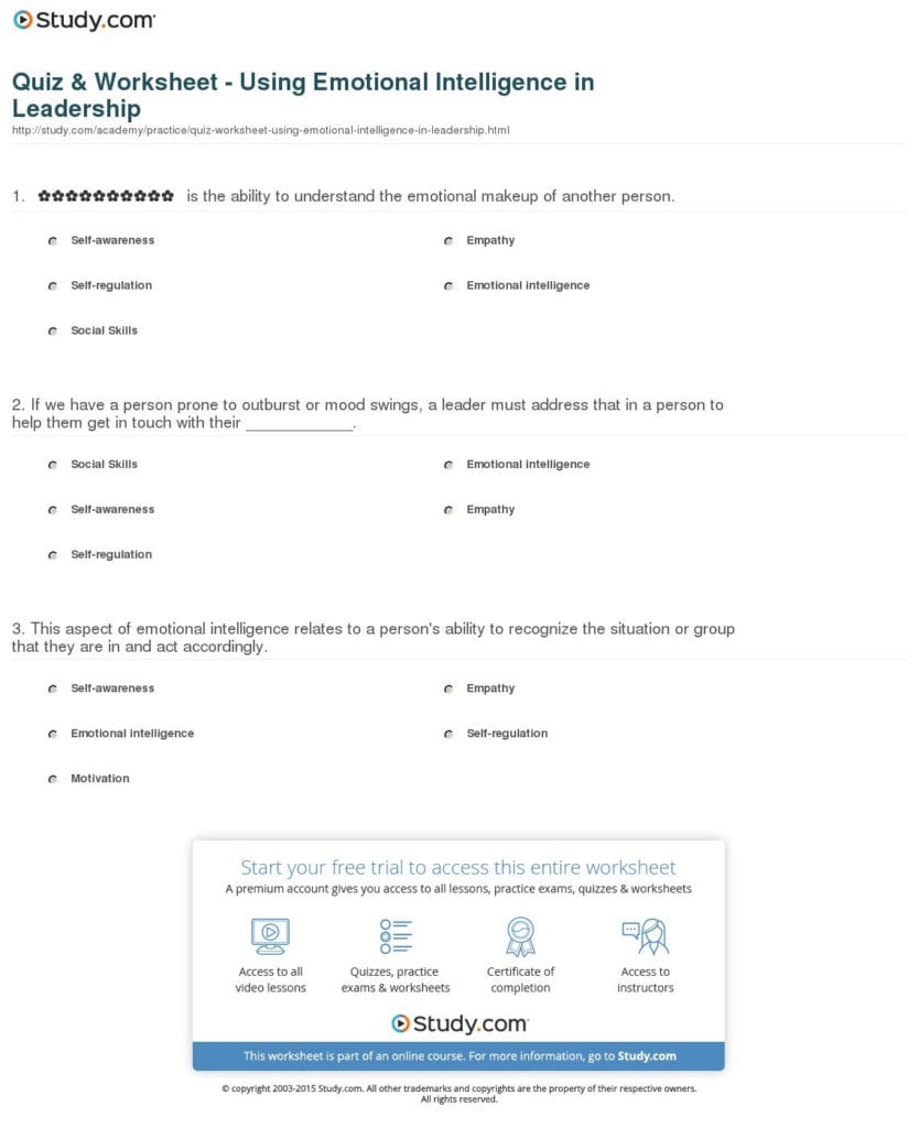 Quiz Worksheet Using Emotional Intelligence In Leadership for Emotional ...