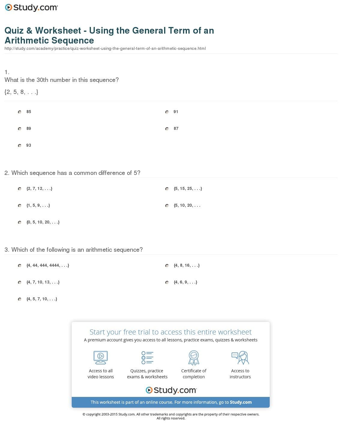 Quiz  Worksheet  Using The General Term Of An Arithmetic Sequence Along With General Sequences Worksheet Answers