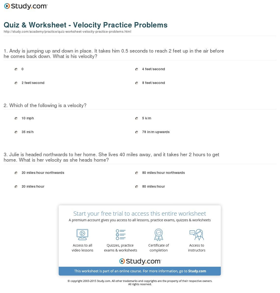 Quiz  Worksheet  Velocity Practice Problems  Study Throughout Speed And Velocity Practice Problems Worksheet Answers
