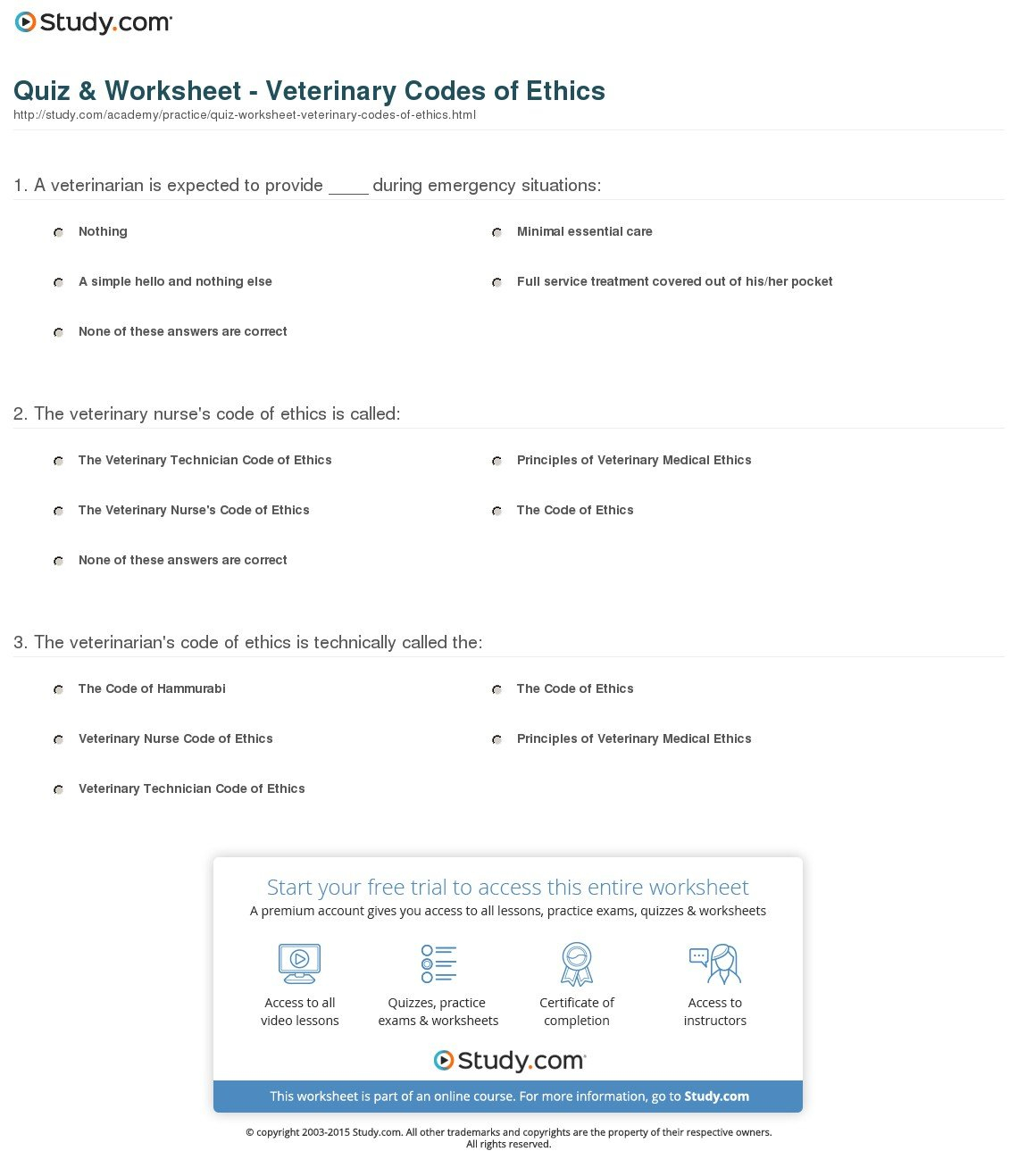 Quiz  Worksheet  Veterinary Codes Of Ethics  Study Or Veterinary Math Worksheets