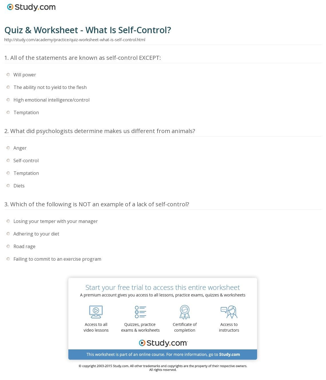 Quiz  Worksheet  What Is Selfcontrol  Study Throughout Emotional Intelligence Worksheets Pdf