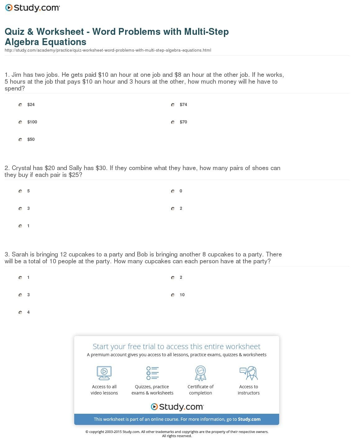 Quiz  Worksheet  Word Problems With Multistep Algebra Equations Also Multi Step Equation Word Problems Worksheet