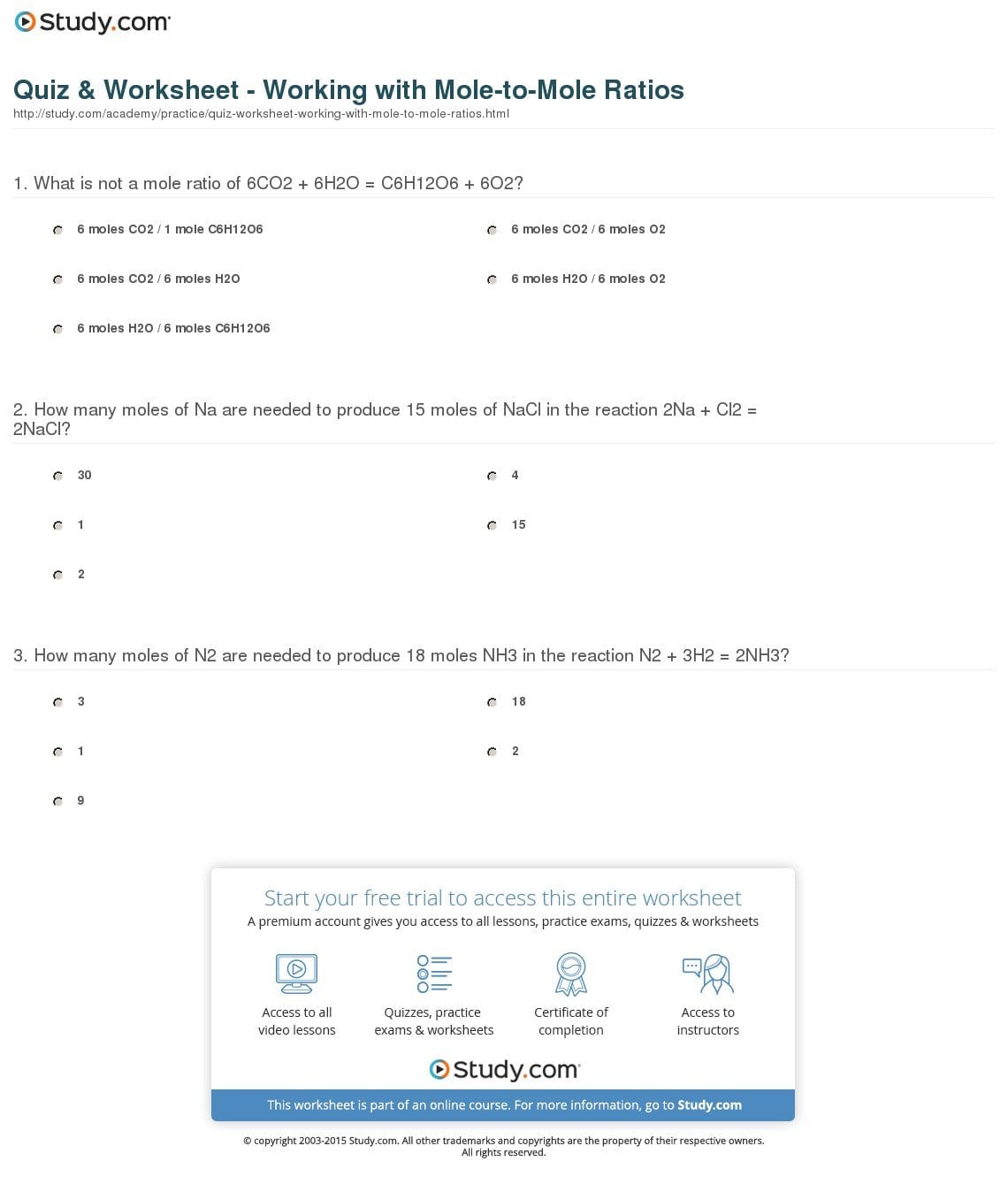 Quiz  Worksheet  Working With Moletomole Ratios  Study And Mole Ratio Worksheet