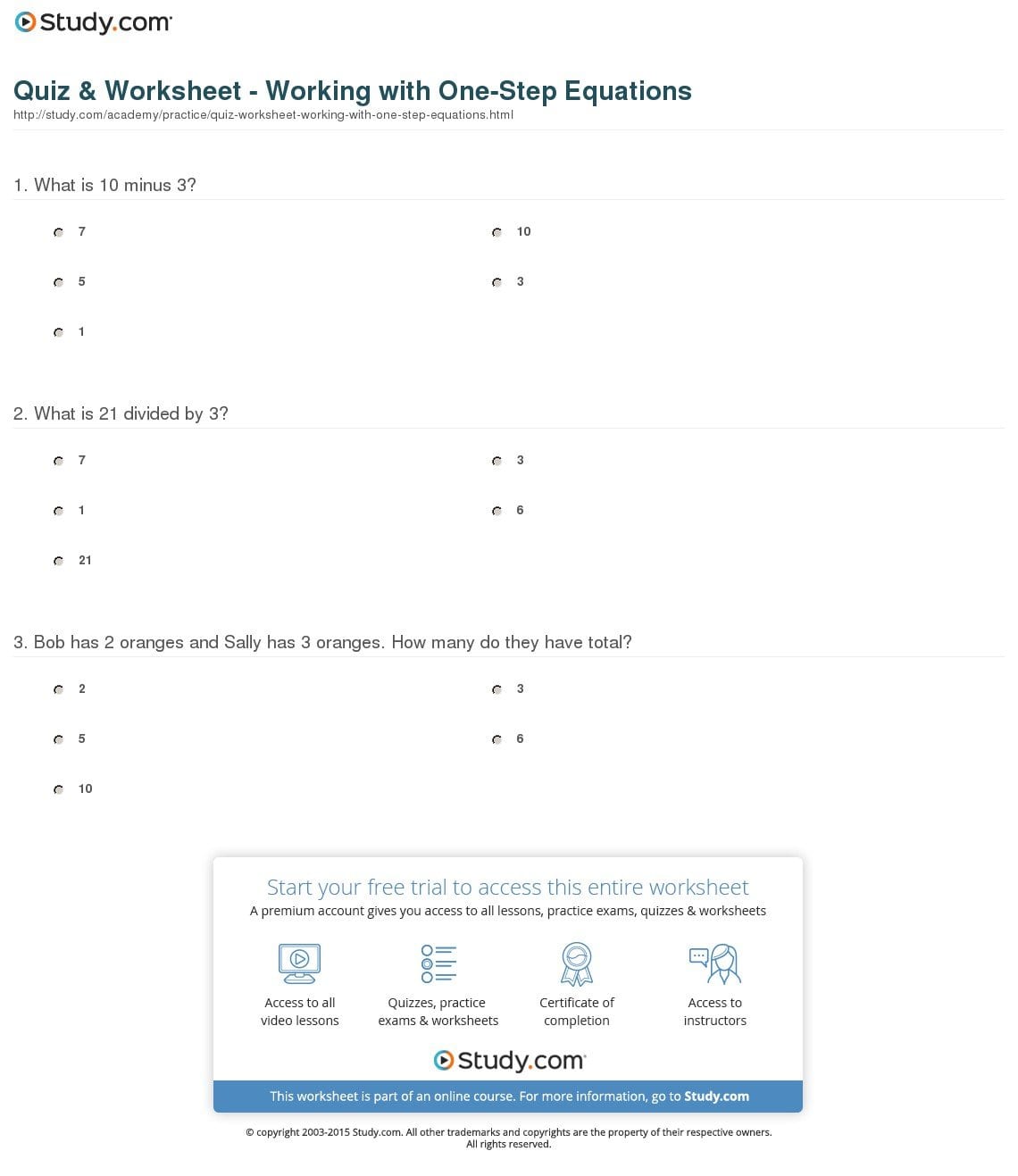 Quiz  Worksheet  Working With Onestep Equations  Study Also Solving One Step Equations Worksheet