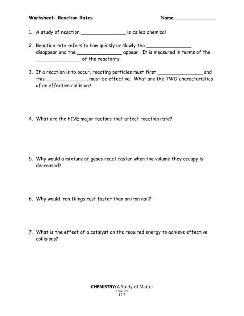 Reaction Rates Worksheet Along With Rates Of Reaction Worksheet