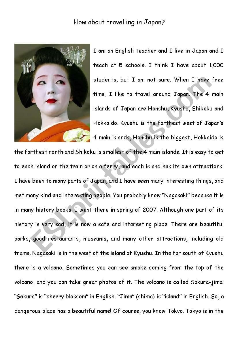 Reading Comprehension  Travel In Japan  Upper Intermediate  Esl Inside Japan Reading Comprehension Worksheets