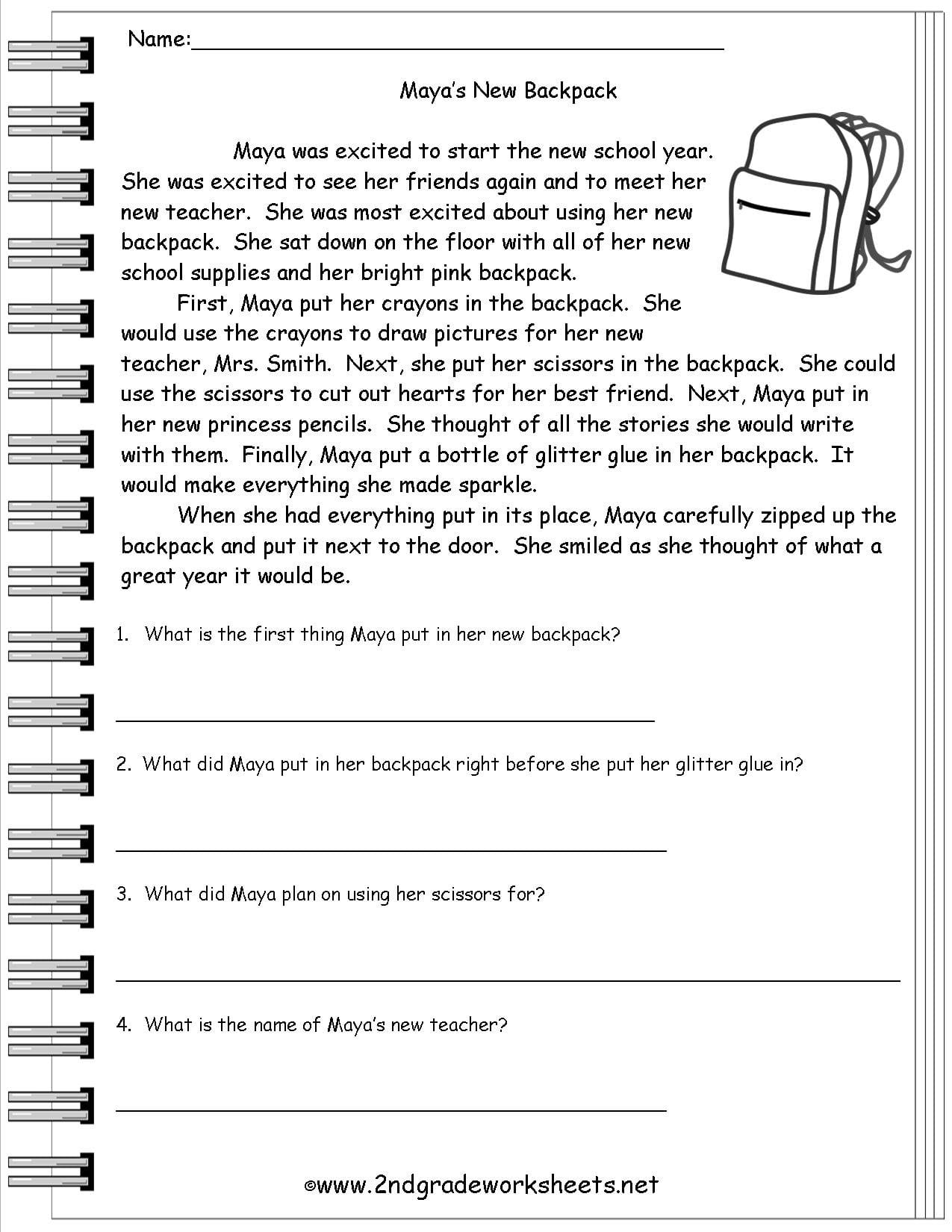 Reading Worksheeets Regarding Free Printable Second Grade Reading Comprehension Worksheets