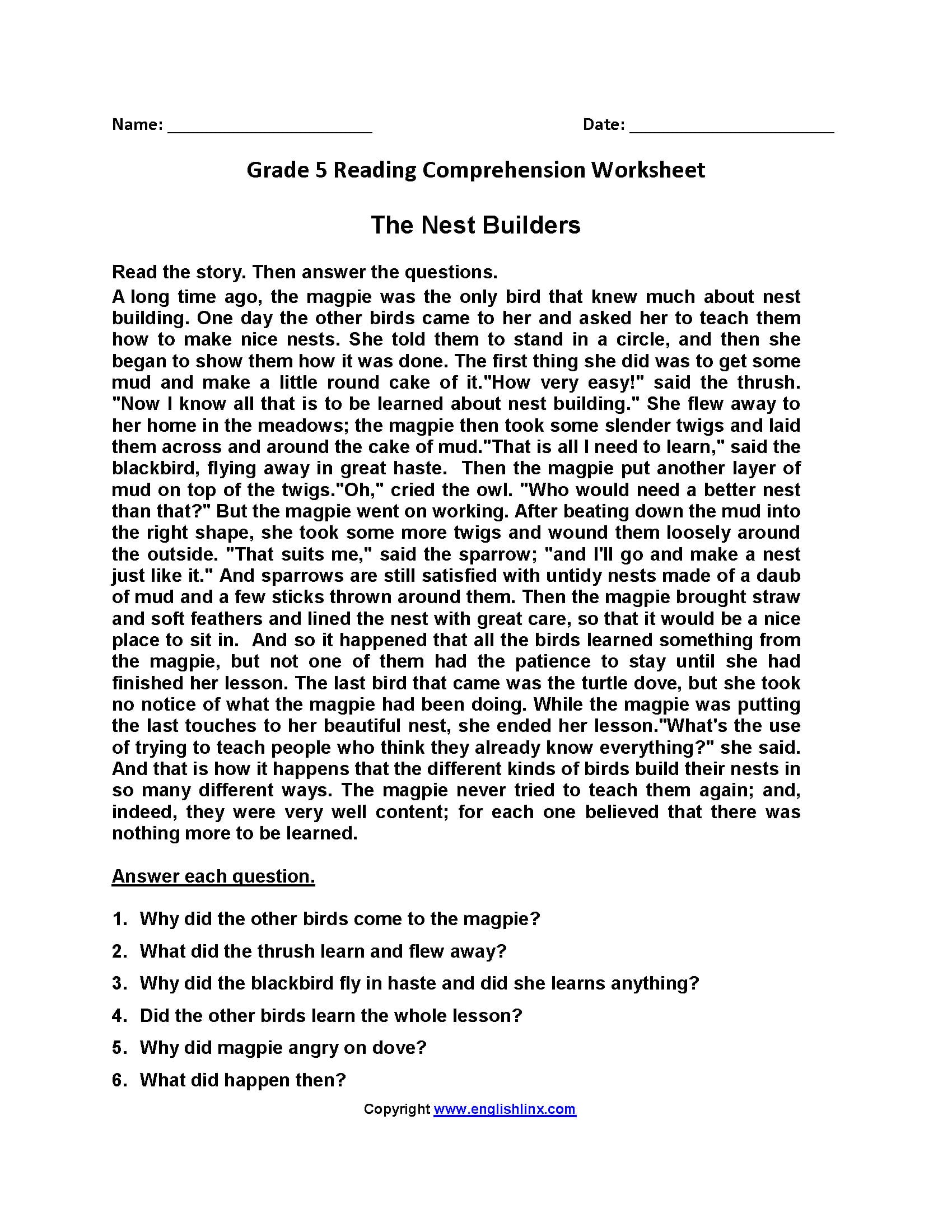 Reading Worksheets  Fifth Grade Reading Worksheets Also 5Th Grade Reading Worksheets