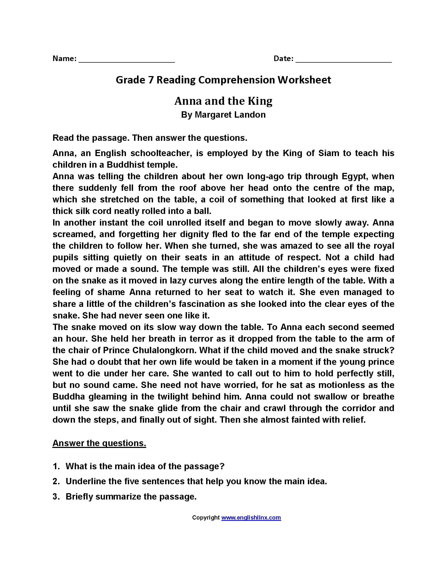 Reading Worksheets  Seventh Grade Reading Worksheets In Reading Comprehension Worksheets 7Th Grade
