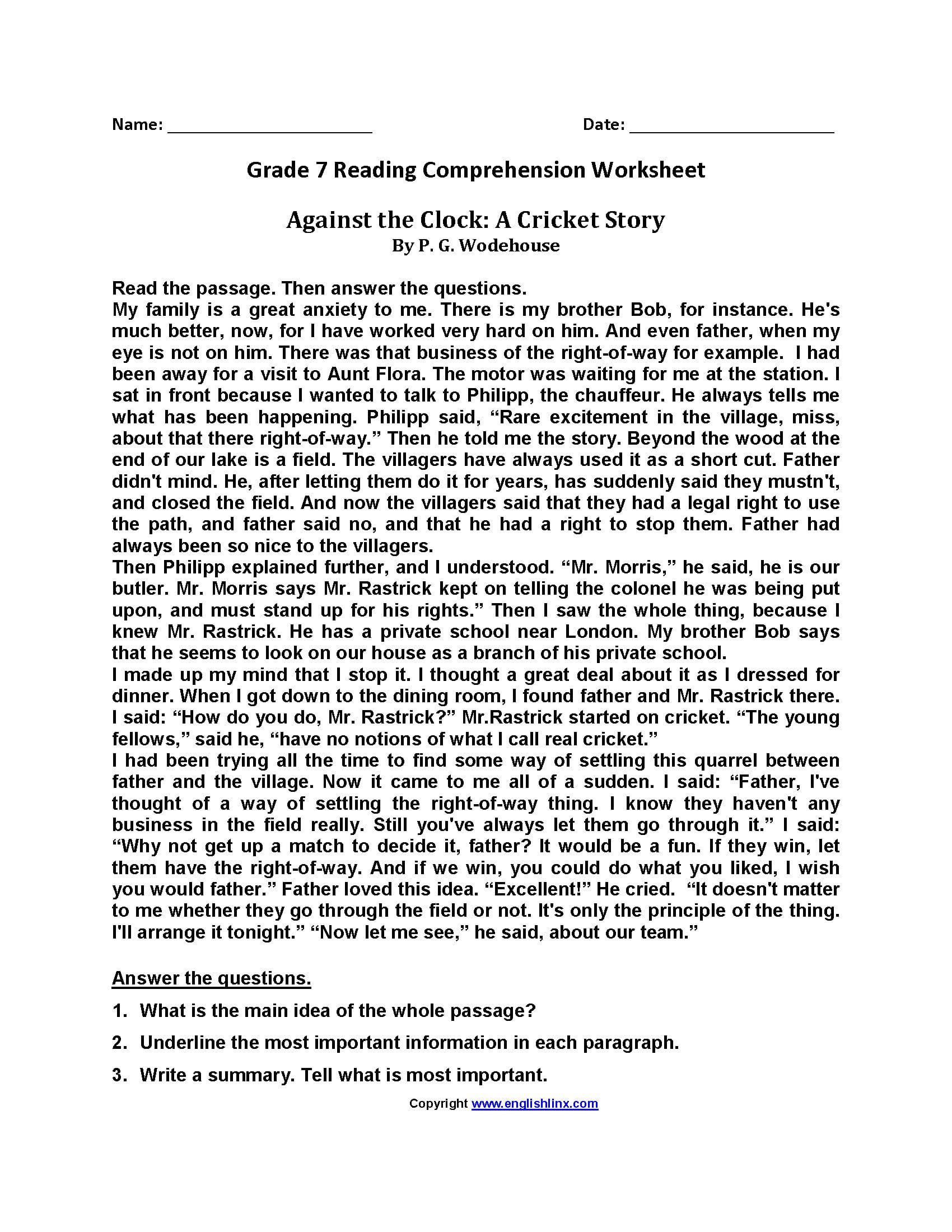 Reading Worksheets  Seventh Grade Reading Worksheets With Regard To Reading Comprehension Worksheets 7Th Grade