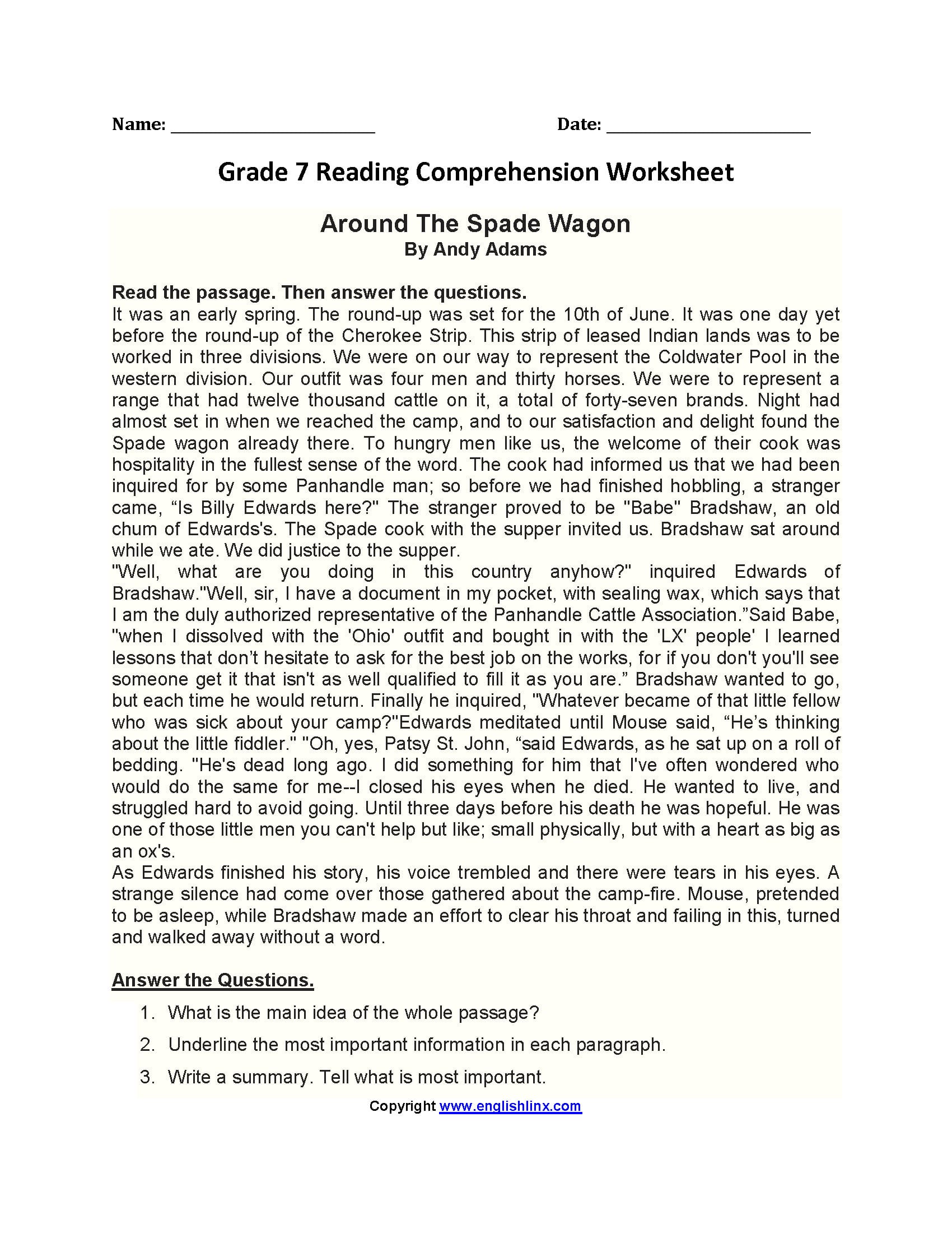 Reading Worksheets  Seventh Grade Reading Worksheets Within Reading Comprehension Worksheets 7Th Grade