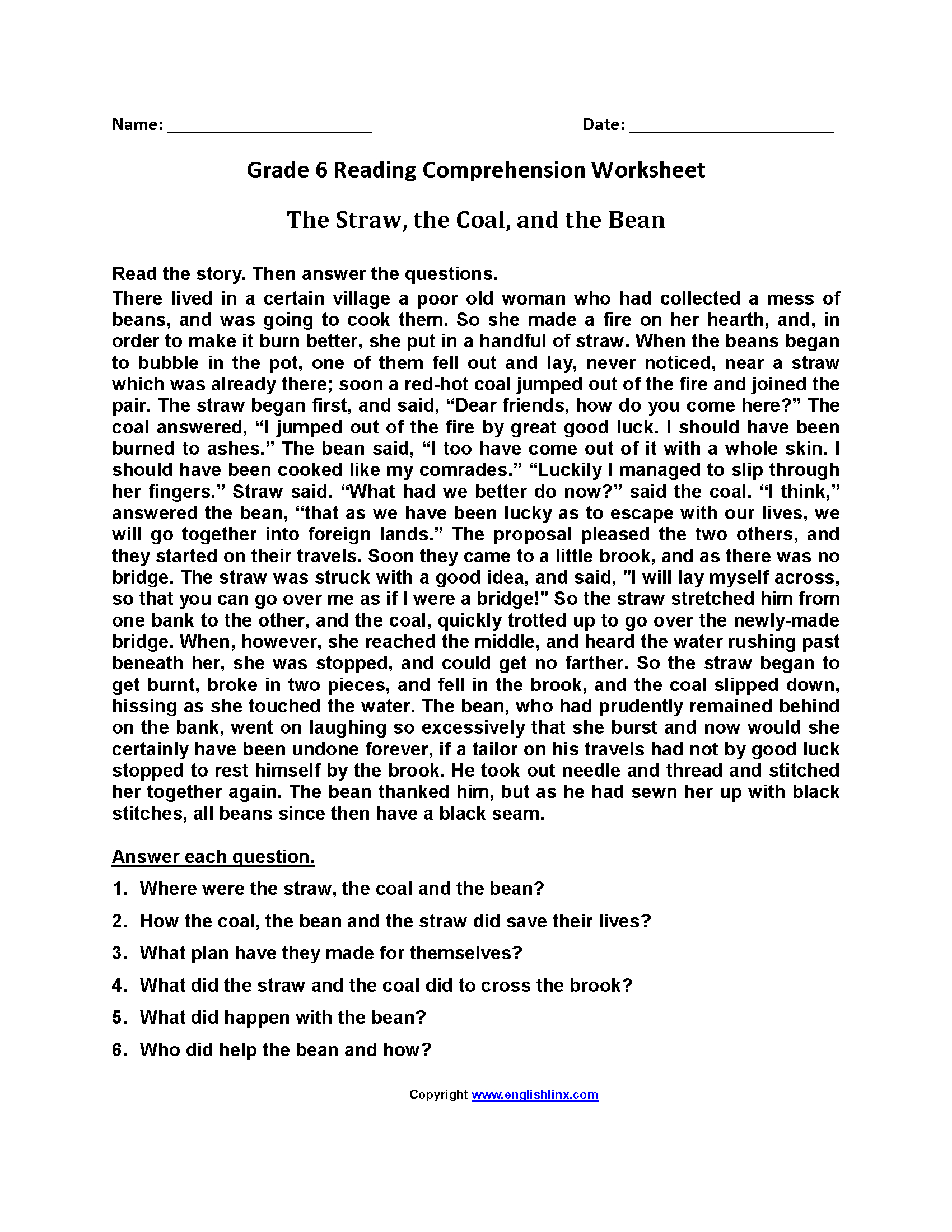 Reading Worksheets  Sixth Grade Reading Worksheets Pertaining To Reading Comprehension Worksheets Pdf