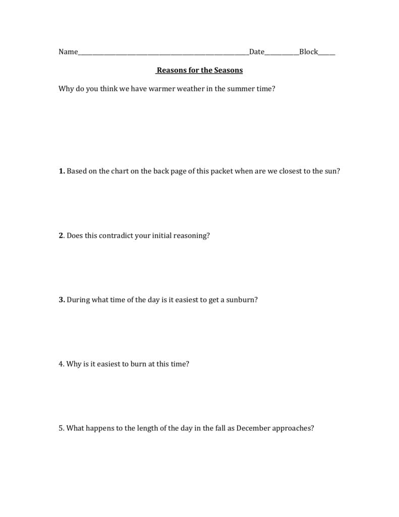 Reason For Seasons Worksheet And Reasons For Seasons Worksheet
