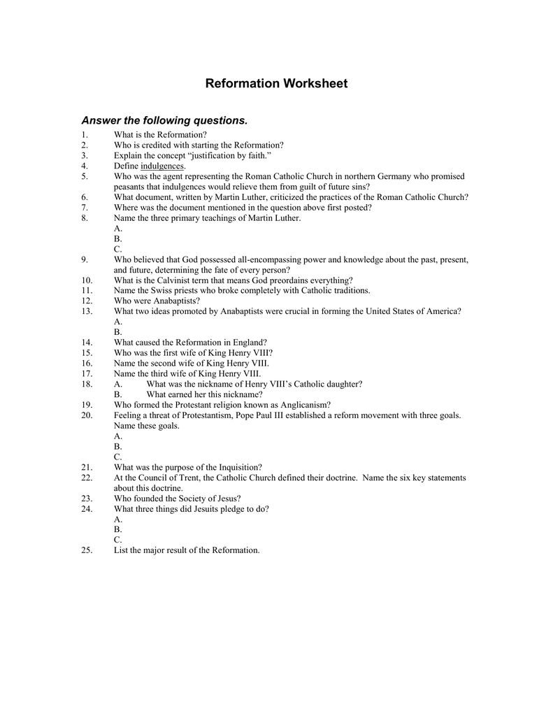 Reformation Worksheet Answer The Following Questions Intended For Protestant Reformation Worksheet Answers
