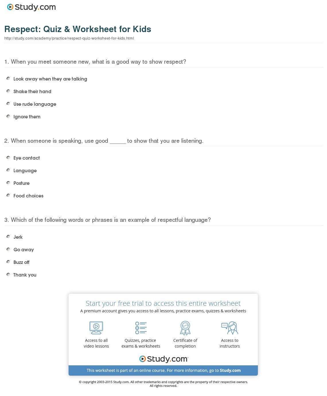 Respect Quiz  Worksheet For Kids  Study Pertaining To Respect Worksheets Pdf