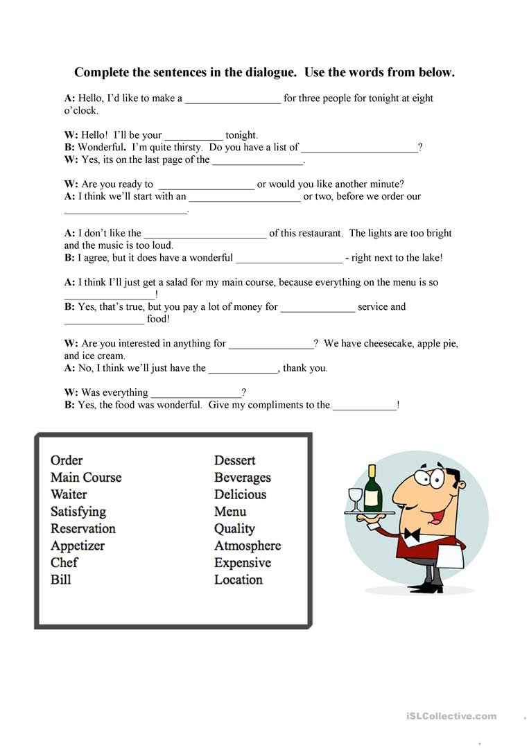 Restaurant Vocabulary Dialogue Worksheet Worksheet  Free Esl As Well As Spanish Dialogue Practice Worksheets