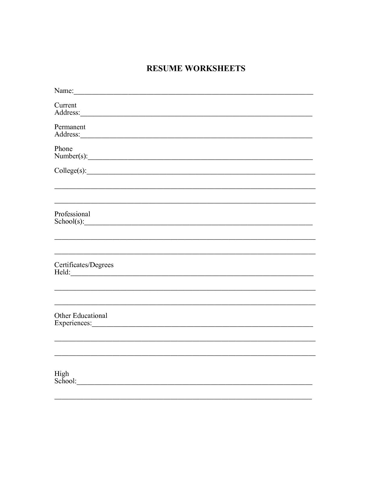 Resume Worksheet For High School Students  Jwritings Regarding Resume Worksheet For Middle School Students