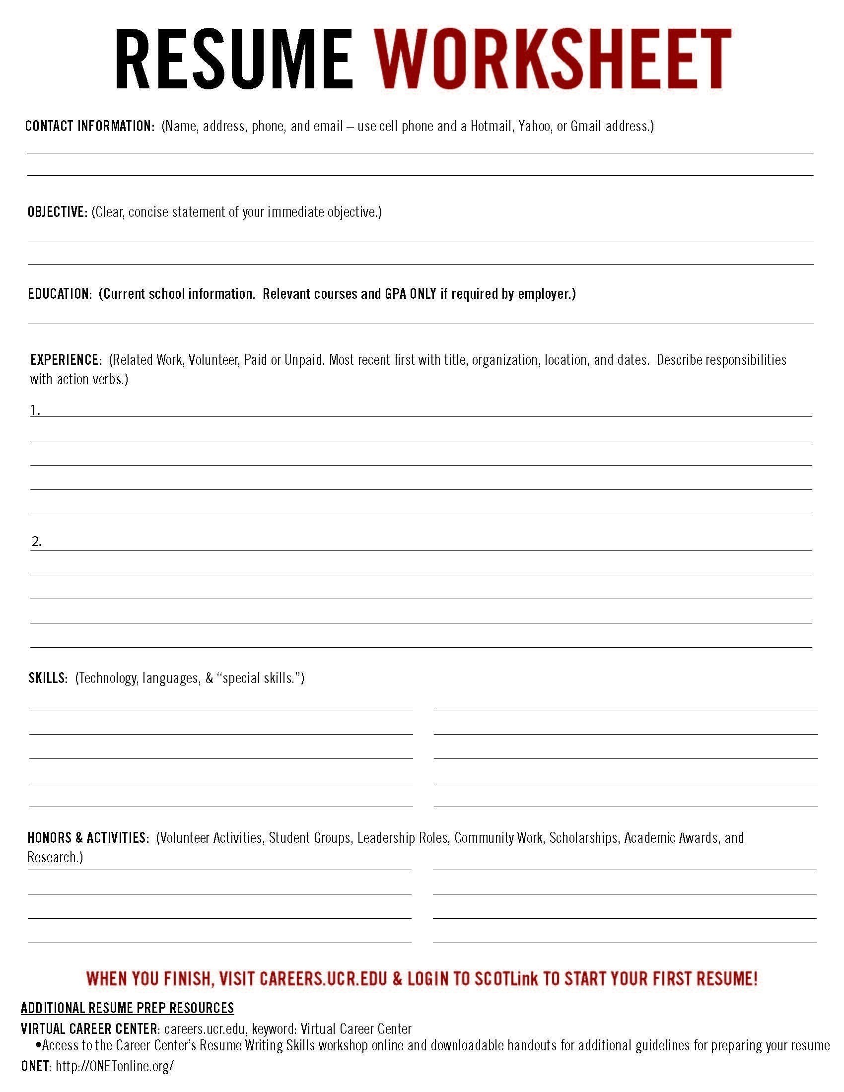 Resume Worksheets  Yyjiazheng – Resume For Career Exploration Worksheets Printable