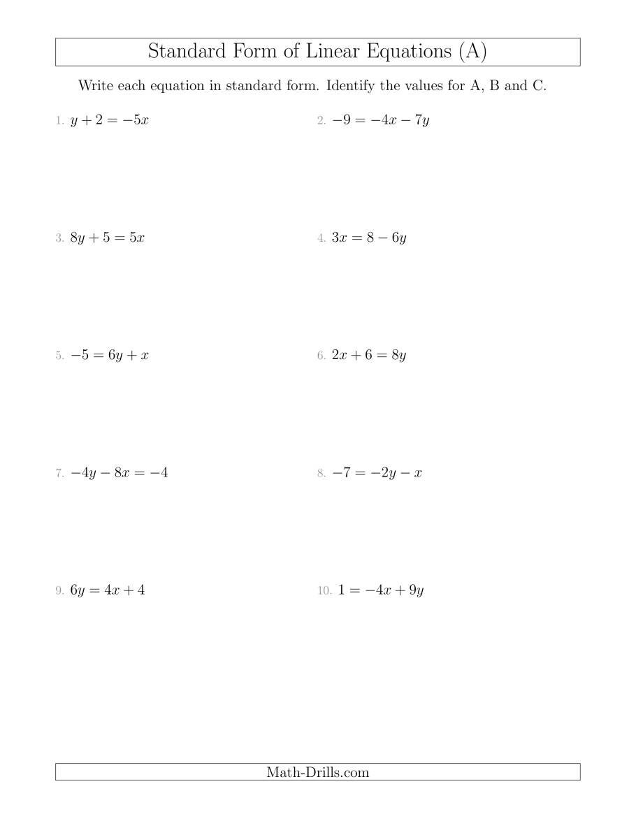 Rewriting Linear Equations In Standard Form A Throughout Standard Form Of A Linear Equation Worksheet