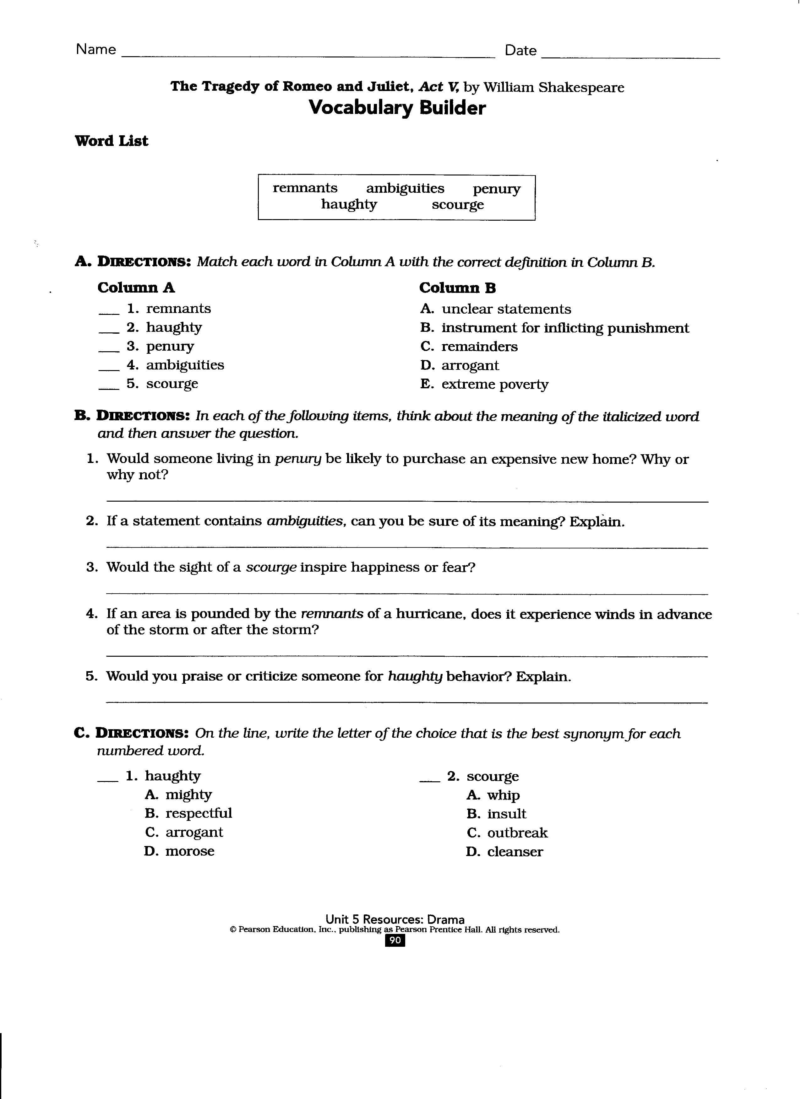 Romeo  Juliet Act V  Mrs Pilgreen's English I Website For Romeo And Juliet Worksheets Act 1