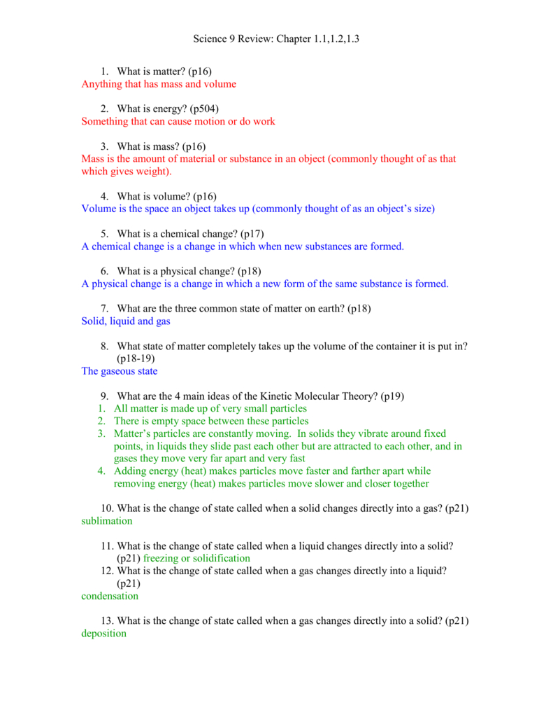 Sci 9 Review Worksheet 12 With Answers Regarding Physical And Chemical Changes Worksheet Answer Key