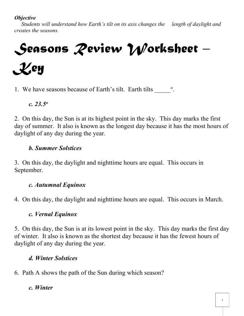 Seasons Review Worksheet Answers Regarding Reasons For Seasons Worksheet