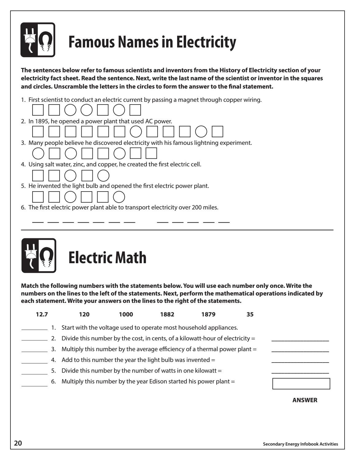 Secondary Energy Infobook Activitiesneed Project  Issuu And Famous Names In Electricity Worksheet Answers