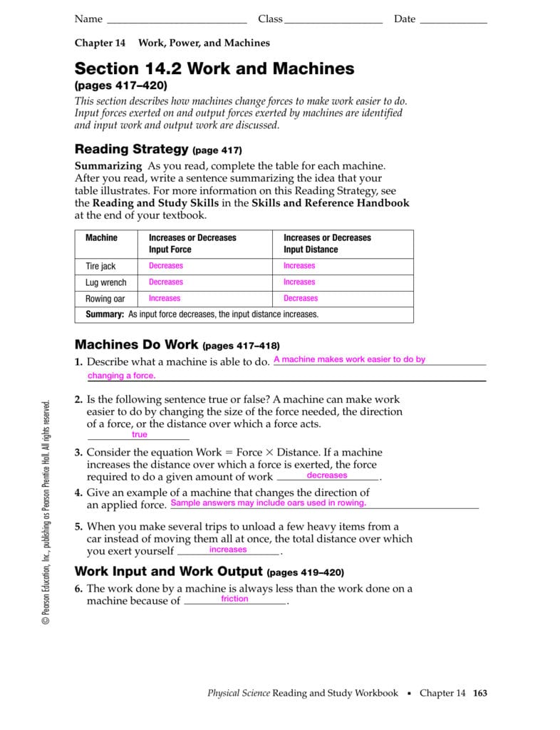 Section 142 Work And Machines Inside Work And Machines Worksheet