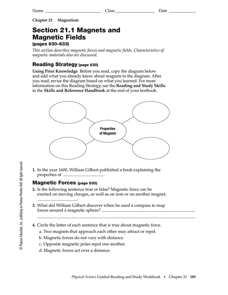 Section 211 Magnets And Magnetic Fields Pertaining To Magnets And Magnetism Worksheet Answers