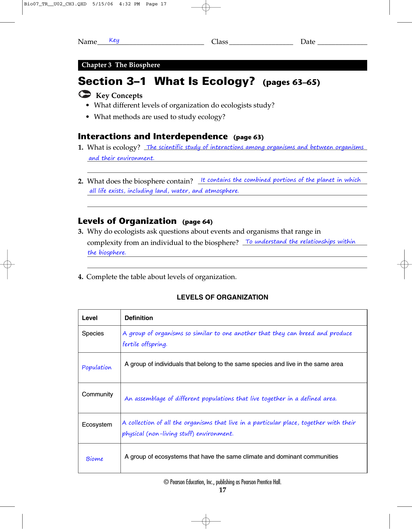 Section 3–1 What Is Ecology Pages 63–65  Berlinbio Also 3 3 Cycles Of Matter Worksheet Answers