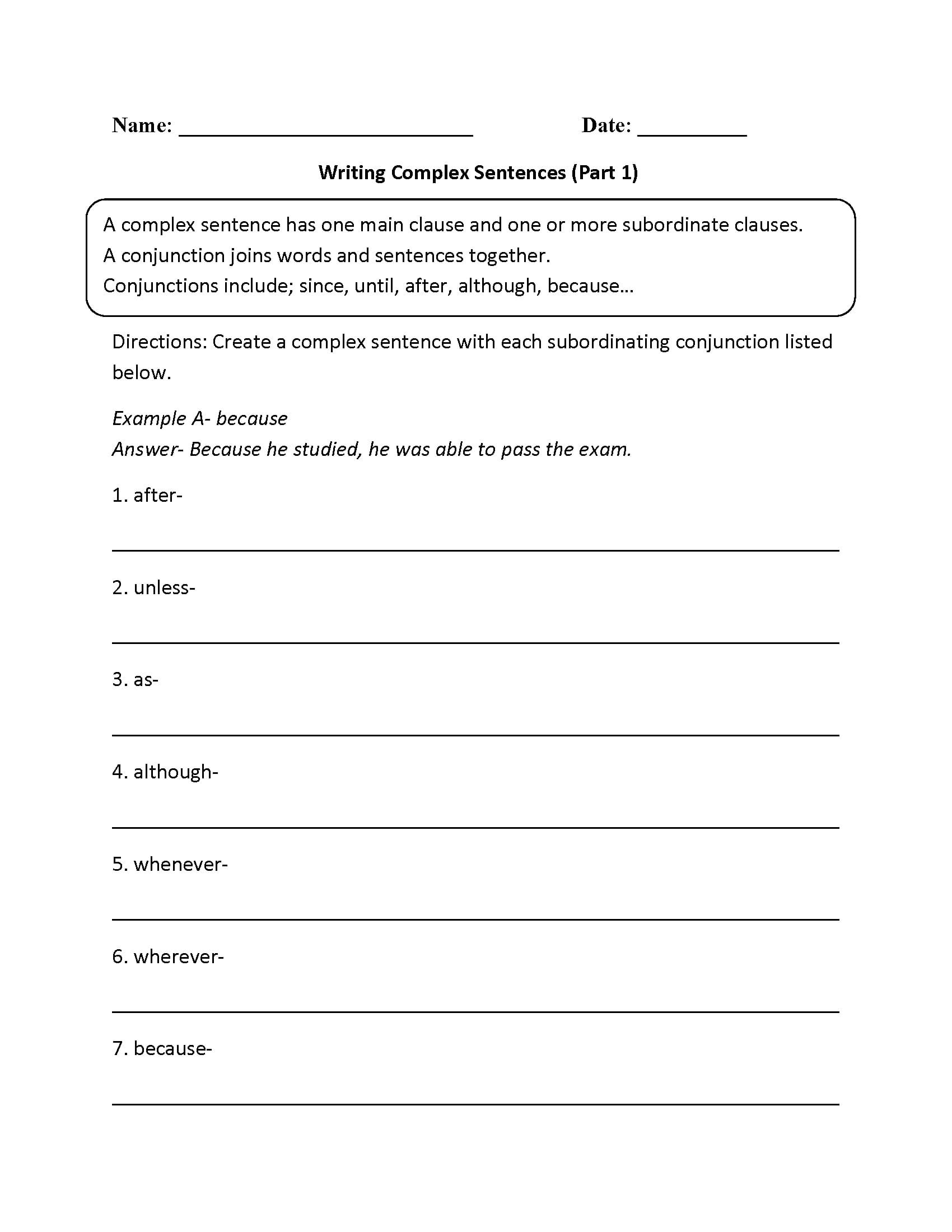 Sentences Worksheets  Complex Sentences Worksheets And Writing Sentences Worksheets Pdf