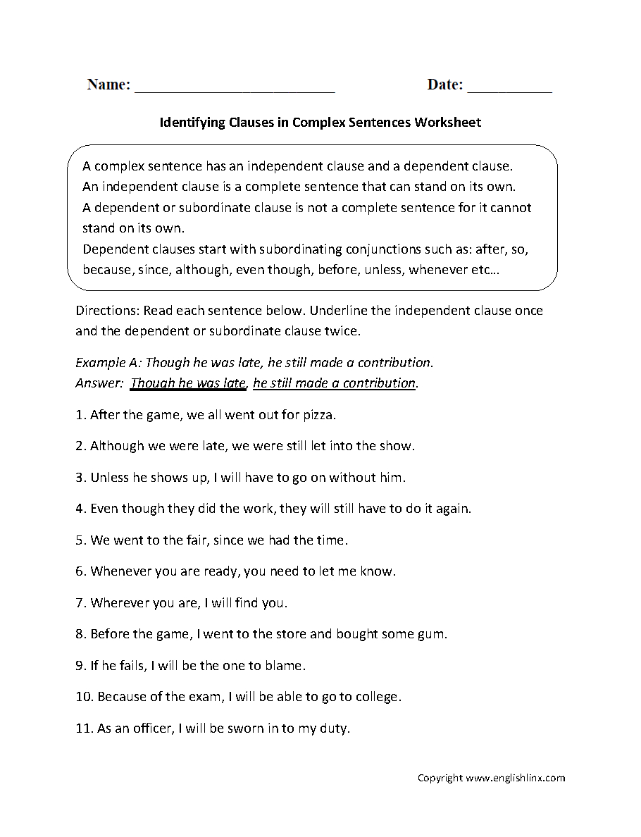 Sentences Worksheets  Complex Sentences Worksheets Throughout Simple Compound And Complex Sentences Worksheet Pdf