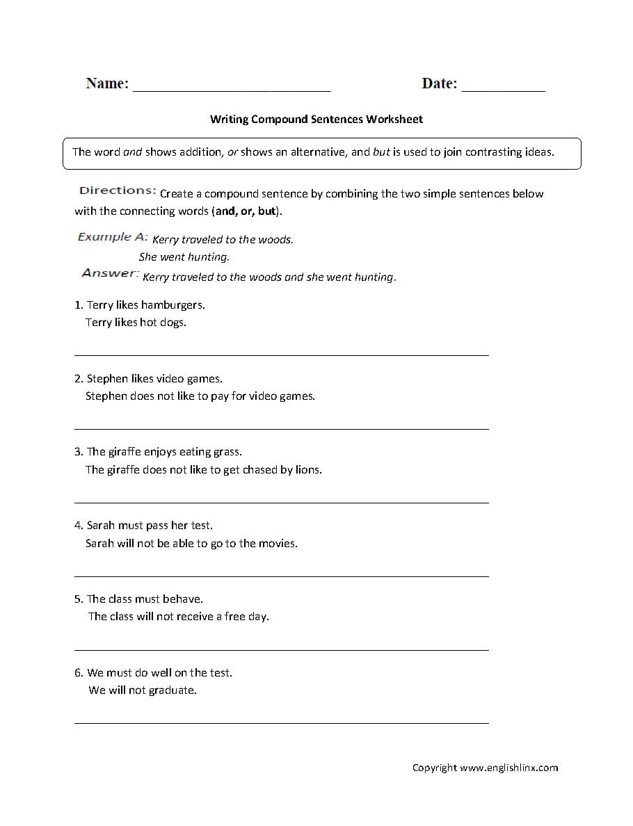 Sentences Worksheets  Compound Sentences Worksheets Regarding Writing Sentences Worksheets Pdf