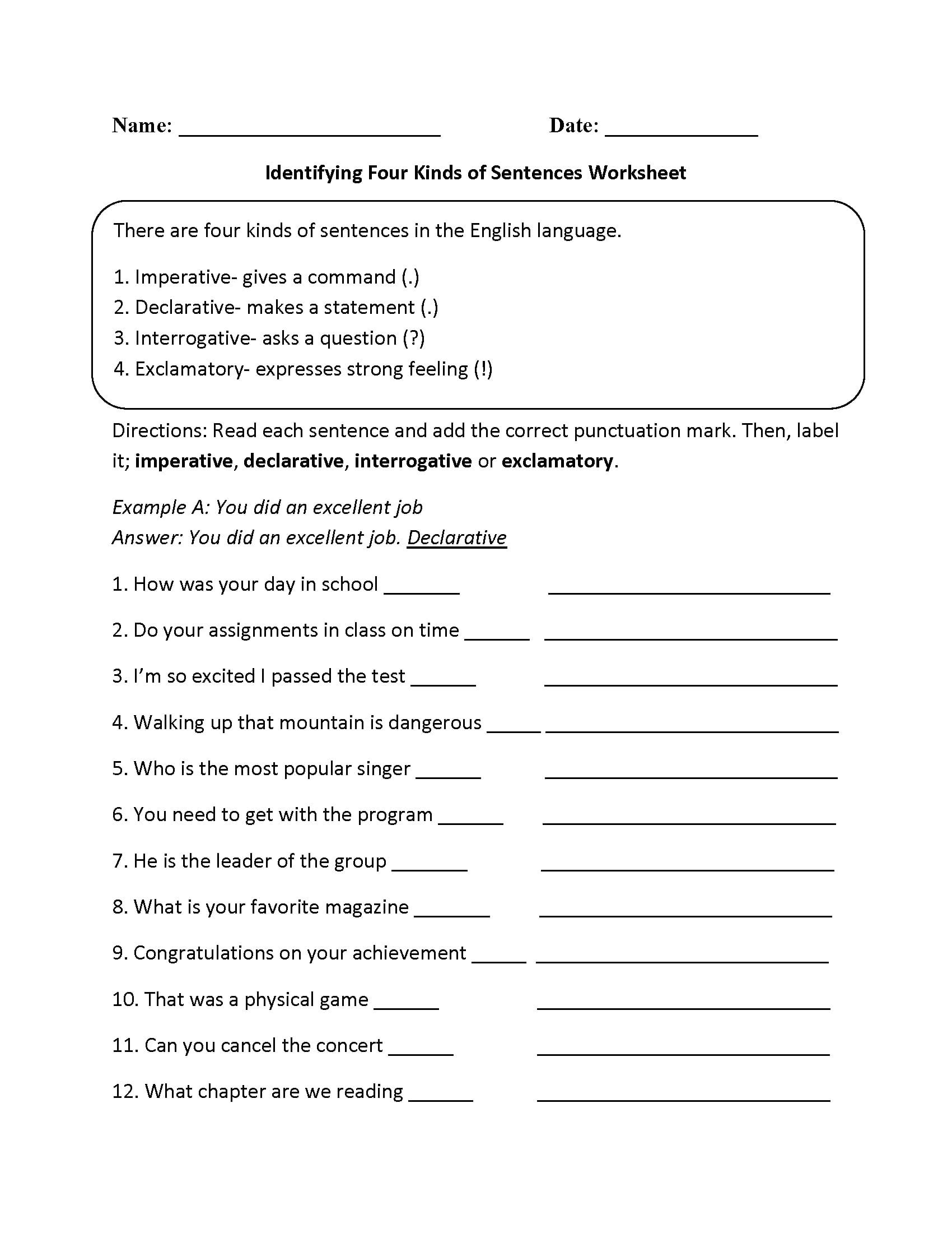 Sentences Worksheets  Kinds Of Sentences Worksheets Pertaining To Spanish Interrogatives Worksheet Pdf