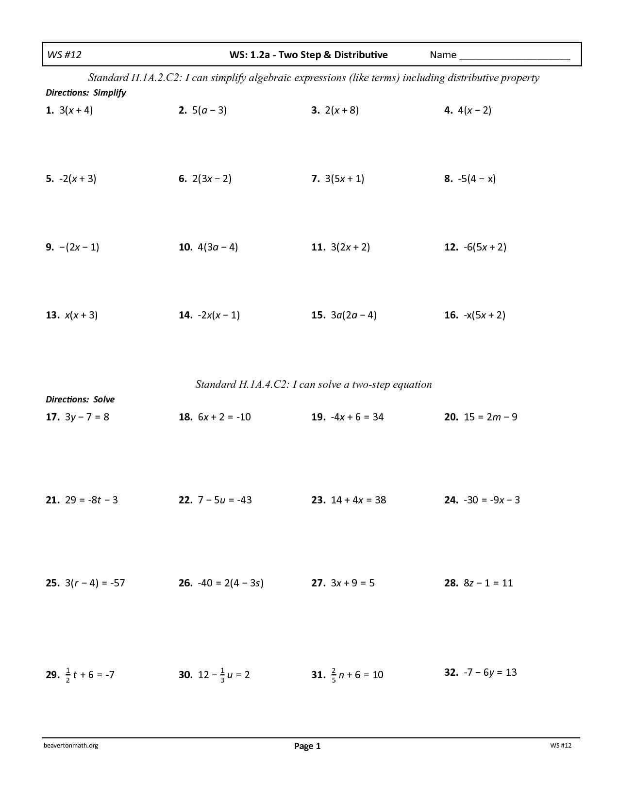 Seventh Grade Math Two Step Equations  Justswimfl Inside Two Step Equations Worksheet Pdf
