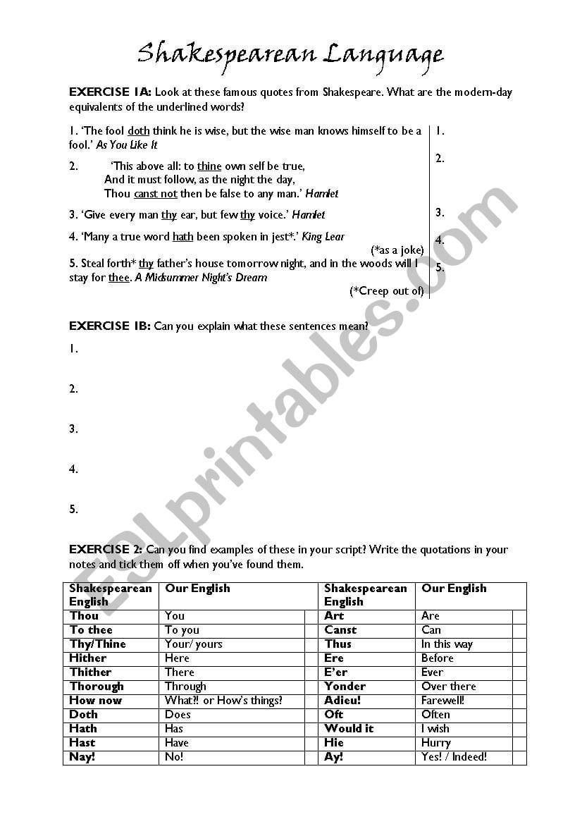 Shakespearean Language  Esl Worksheetstafkban Also Shakespeare Language Worksheet