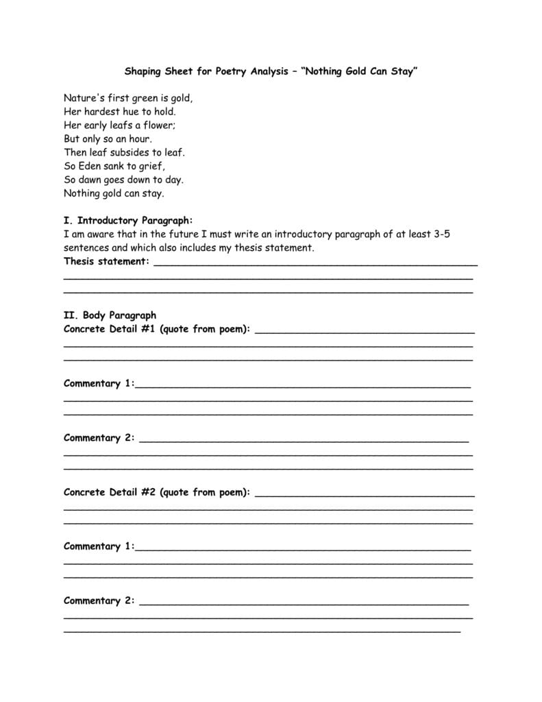 Shaping Sheet For Poetry Analysis – “Nothing Gold Can Stay” With Poetry Analysis Worksheet