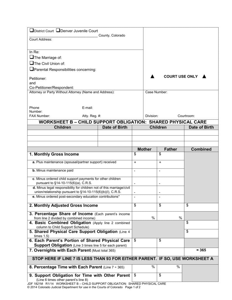 Shared Physical Care  Colorado State Judicial Branch Also Colorado Child Support Worksheet