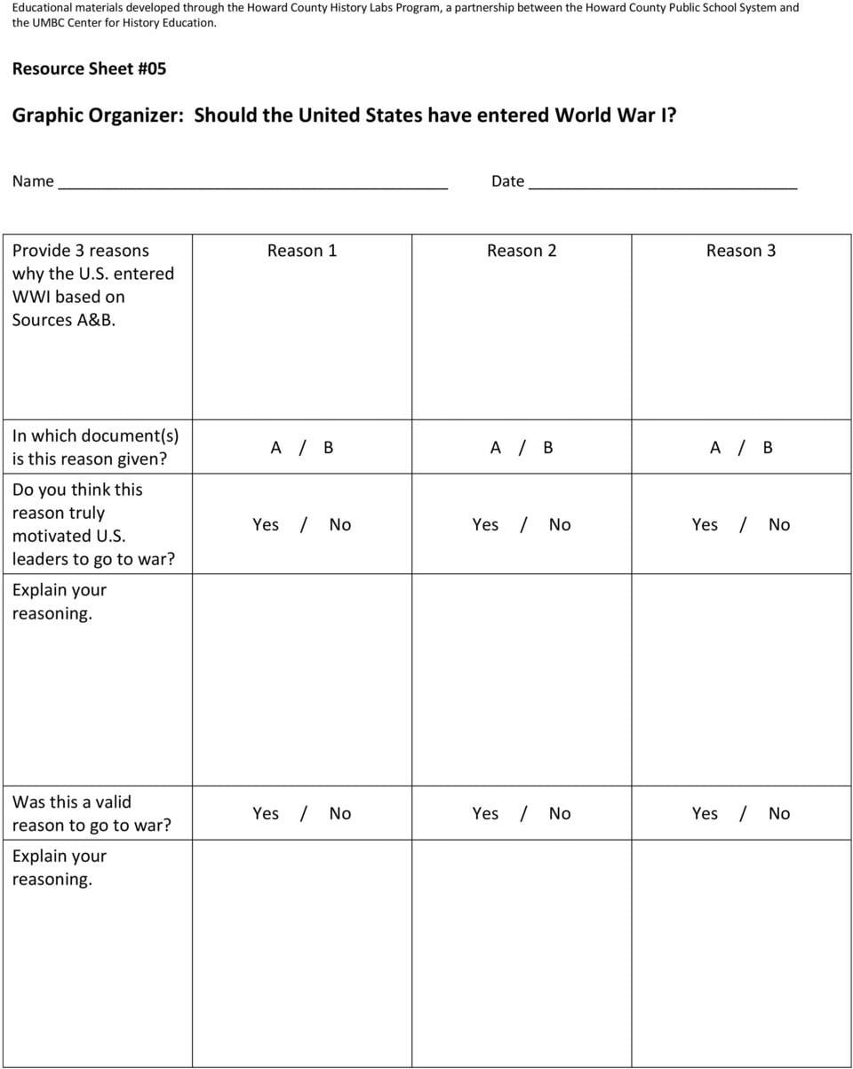 Should The United States Have Entered World War I  Pdf Also The United States Entered World War 1 Worksheet Answers